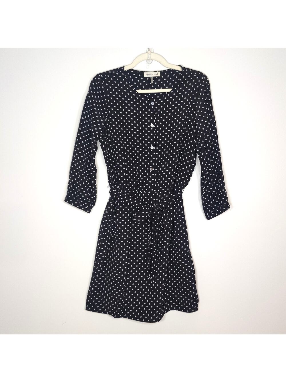 Amour Vert 100% Silk Dress‎ Polka Dot Tie Waist Black White Made USA M